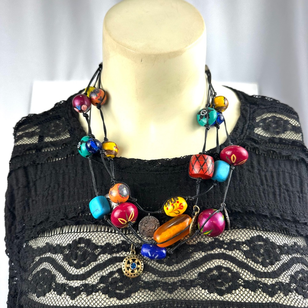 Vintage Chico's Boho Multi-Strand Necklace Chunky Artisan Beaded Resin Celestial